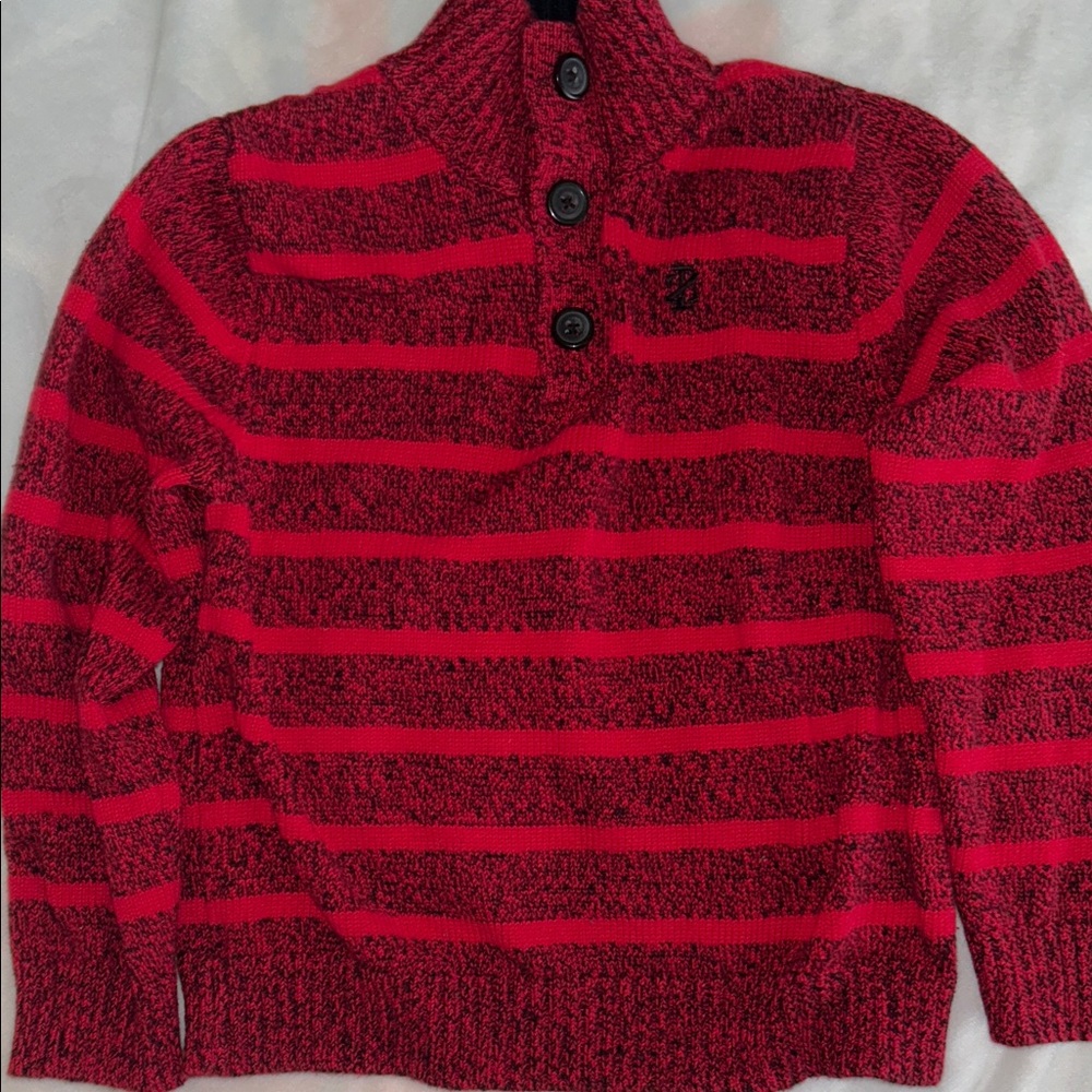 Kids Red Striped Knit Sweater - Cozy Button-Neck size 4/5